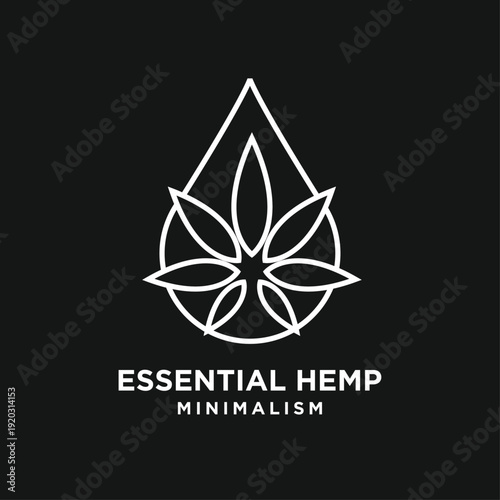 Essential Hemp Minimalist Logo with Line Art Cannabis Leaf in Teardrop Shape