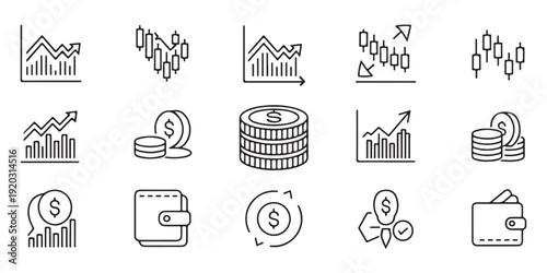Finance and stock market charts with candlestick graphs rising trends coins currency symbols and wallet icons for investment