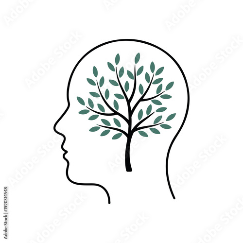 Silhouette of a human head with a green tree growing inside symbolizing growth nature and mental well being in a minimalist style