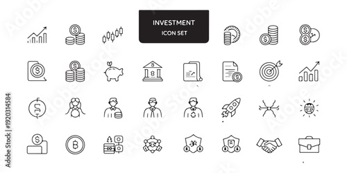 Investment icon set showing financial growth charts money management symbols banking business strategy and wealth development illustrations