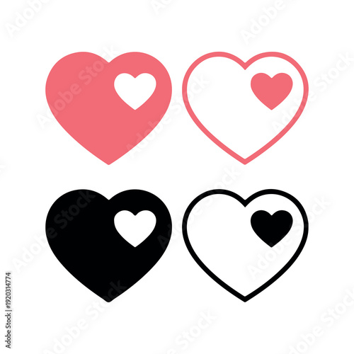 Four stylized heart shapes in pink red black and white with contrasting inner hearts isolated on white background