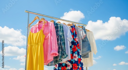 Low angle shot colourful clothes hanging rail. Bright blue sky background with clouds. Fashion garments on display, retail, sale. Second hand, thrift store, used clothing,