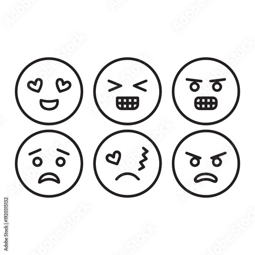 Six emoji faces showcasing varied expressions of happiness anger sadness and confusion on a plain background