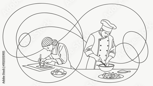 Chef preparing meal while colleague works stressed in kitchen