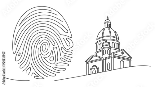 Simple line art of church with fingerprint