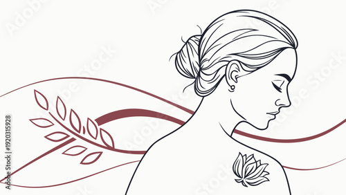 Serene woman with lotus flower tattoo on shoulder, elegant line art
