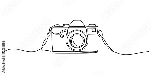 A line drawing of a digital camera on a white background, camera continuous one line art drawing, One continuous line drawing of a professional camera. camera continuous one line drawing vector