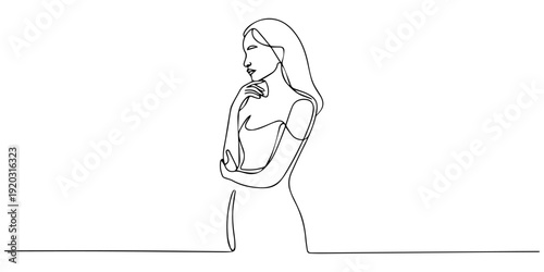 standing woman thinking continuous one line drawing, Continuous line drawing of beautiful pensive female standing looking away against. Single one line drawing of standing woman thinking. Vector.