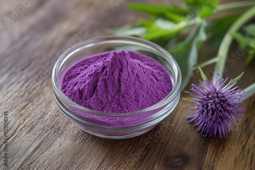 Purple Powder in Glass Bowl with Thistle Flower ingredient