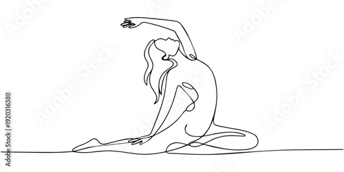 Continuous line art or One Line Drawing of a woman stretching arms is relaxing picture vector illustration, Continuous line art or One Line Drawing of a woman stretching arms is relaxing picture.