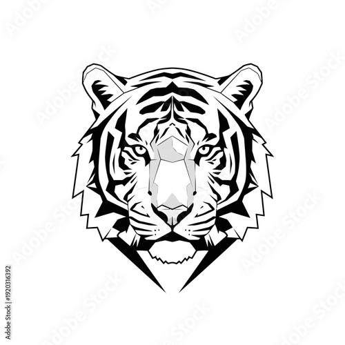 Black and White Tiger Head Graphic Design, Fierce Animal Portrait, Tribal Style