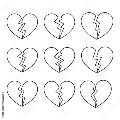 Broken heart symbols arranged in a grid pattern with jagged cracks simple black outlines on white background