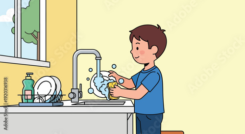 Young Boy Washing Dishes in Sink.