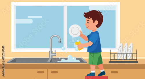 Young Boy Washing Dishes in Kitchen.