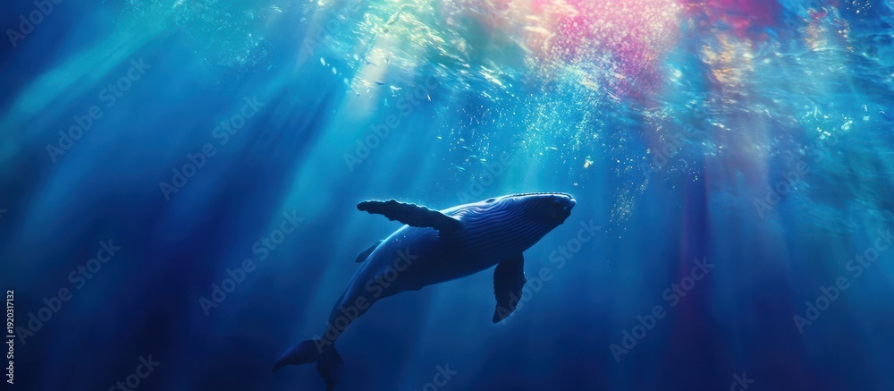 Obraz premium A majestic whale glides through sunlit depths, revealing the ocean's vibrant mystery.