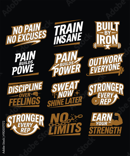 Fitness and gym motivational quotes collection. Includes phrases like "No Pain No Excuses", "Train Insane", "Built By Iron", and "Pain Builds Power". Created in bold typography style with white