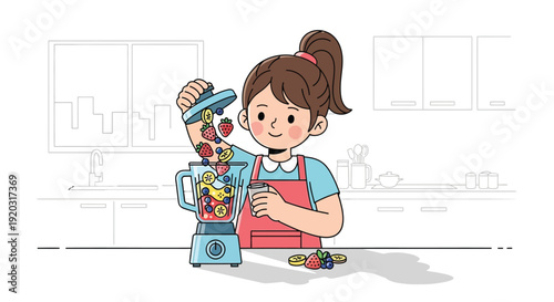 Young Girl Preparing Healthy Fresh Fruit Smoothie.