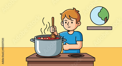 Boy Stirring Stew in Large Pot.