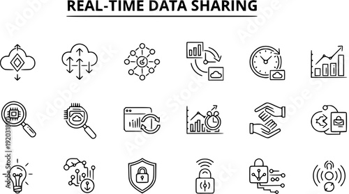 Real-Time Data Sharing Icons: Cloud, Security, Analytics, Time, Network, and Technology Concepts