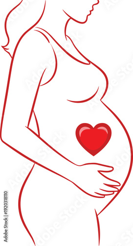 Pregnancy silhouette vector illustration, maternal figure with heart symbol representing love, care, and motherhood - flat vector artwork