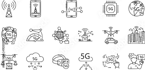 5G Technology Icons: Connectivity, Innovation, and Future Tech - A Hand-Drawn Doodle Collection