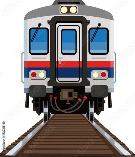 Front view of a modern passenger train on railway tracks, symbolizing public transportation, urban mobility, travel infrastructure, and sustainable transit systems.