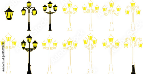 Street lamp silhouette illustration set, ornate posts, multiple lanterns, decorative designs, urban lighting inspiration theme - flat vector illustration
