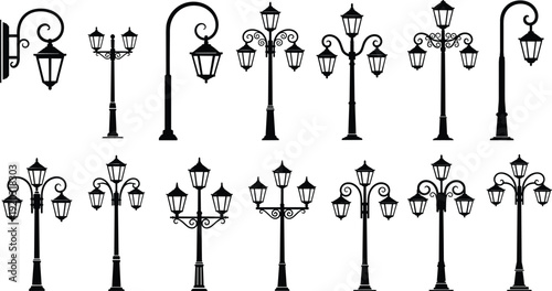 Vintage street lamp silhouette illustration set, ornate designs, wall-mounted and free-standing variations, urban lighting and architectural theme - flat vector illustration