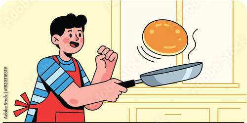 Man Flipping Pancake in Kitchen with Frying Pan.