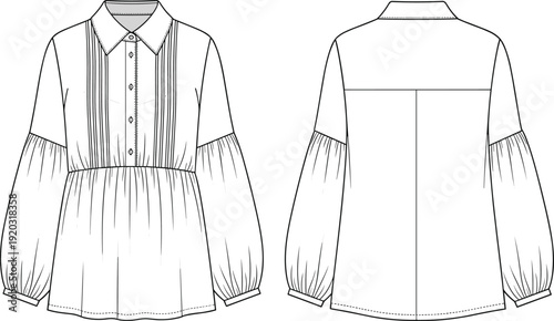 Women’s blouse technical flat sketch, collared neckline, pintuck detailing, puffed sleeves, gathered waist, front and back views theme - flat vector illustration