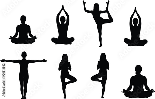 Yoga silhouette illustration set, seated meditation, balance poses, mindfulness practice, flexibility and discipline theme - flat vector illustration