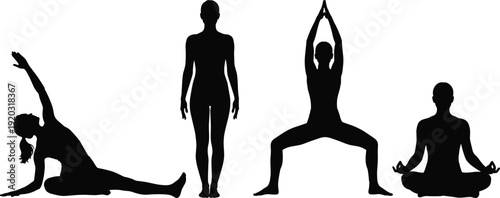 Yoga silhouette illustration set, seated meditation, standing neutral, wide squat, mindfulness practice, flexibility and discipline theme - flat vector illustration