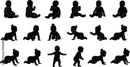 Baby silhouette illustration set, developmental stages from sitting to crawling, standing and walking, infant growth and motor skills theme - flat vector illustration