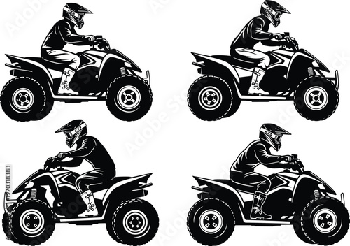 ATV rider silhouette illustration set, off-road vehicle, helmet gear, rugged tires, suspension details, outdoor adventure theme - flat vector illustration