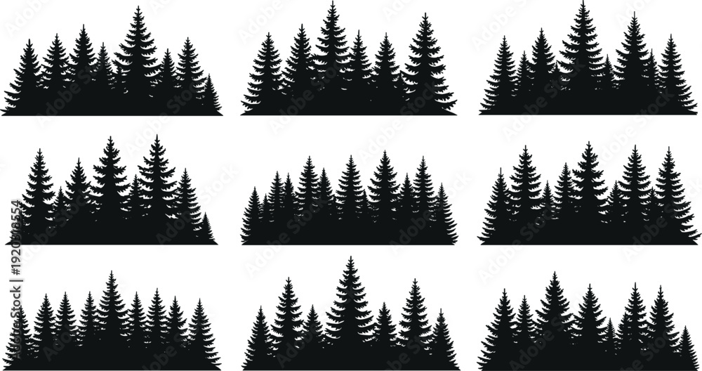 Fototapeta premium Coniferous tree cluster silhouette illustration set, forest compositions, evergreen varieties, landscape and environmental design theme - flat vector illustration