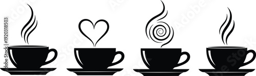 Coffee cup silhouette illustration set, steaming designs with heart, spiral, wavy patterns, warmth and aroma theme - flat vector illustration