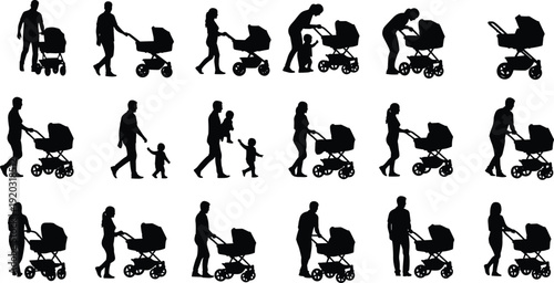 Collection of parents walking with baby strollers, family silhouettes, motherhood fatherhood childcare lifestyle isolated black vector set modern parenting concept bundle illustration