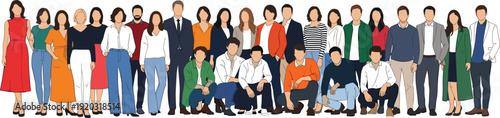 Community group illustration set, diverse individuals in casual and semi-formal clothing, teamwork and diversity theme - flat vector illustration