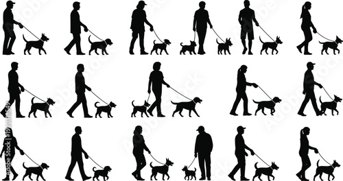 Dog walking silhouette illustration set, people with pets, leash activity, outdoor companionship, pet care lifestyle theme - flat vector illustration