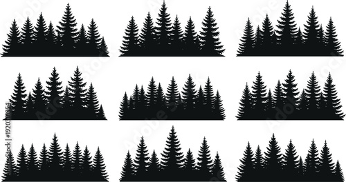 Coniferous tree cluster silhouette illustration set, forest compositions, evergreen varieties, landscape and environmental design theme - flat vector illustration