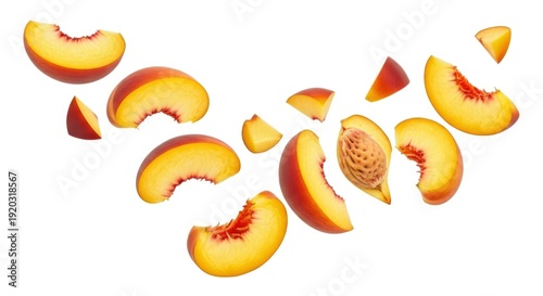 Fresh, ripe peach slices and pieces, some with a pit, dynamically scattered and falling against a clean white background. Healthy and vibrant fruit.