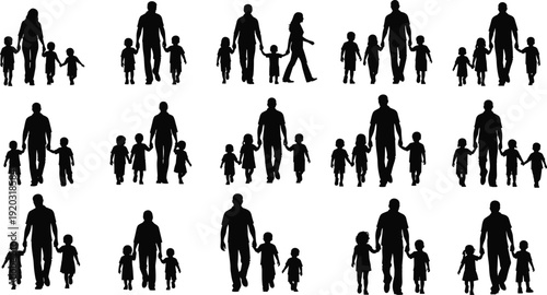 Family and caregiving silhouette illustration set, adults walking with children, parental roles, unity, companionship theme - flat vector illustration