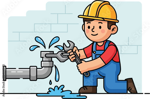 Plumber Fixing Leaking Pipe with Wrench.