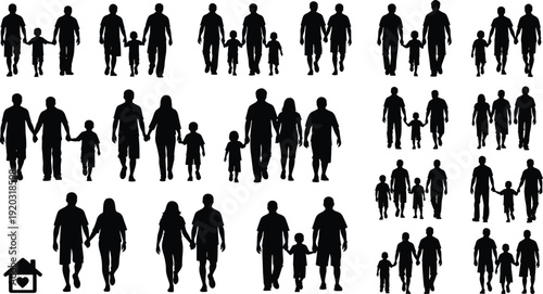 Family silhouette illustration set, diverse groupings of adults and children, home with heart symbol, unity and caregiving theme - flat vector illustration