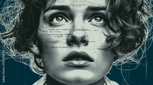 A striking portrait reveals a young woman's face with layers of abstract text overlaying her features. The deep blue background enhances her contemplative gaze, inviting reflection on self-discovery