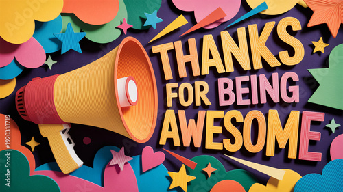 Colorful papercut 3D art with megaphone and 