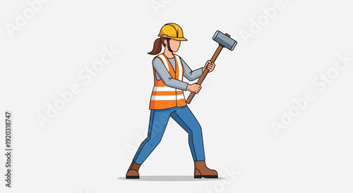 Woman Construction Worker Holding Sledgehammer.
