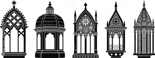 Gothic window silhouette illustration set, ornate tracery, pointed arches, rose motifs, architectural heritage and design inspiration theme - flat vector illustration