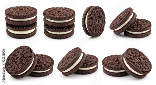 Collection of classic chocolate sandwich cookies with sweet vanilla cream filling, isolated on a clean white background for food and dessert themes.