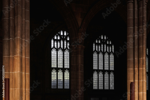 Interior view of gothic arched windows in a historic cathedral